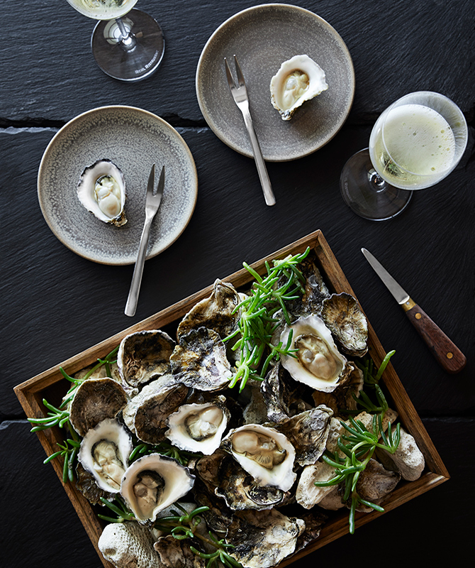 Platter of oysters and glass of champage as part of Talk and Taste experience at qualia resort's Long Pavilion