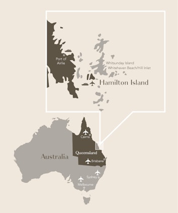 Map of Australia highlighting Queensland and zooming in on qualia's location on Hamilton Island