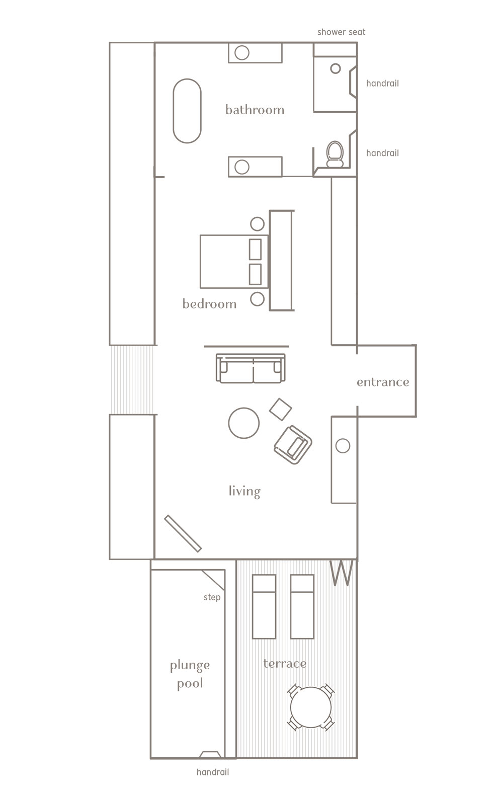 Floor plan drawing of qualia's Windward Accessible Pavilion accommodation in the Whitsundays