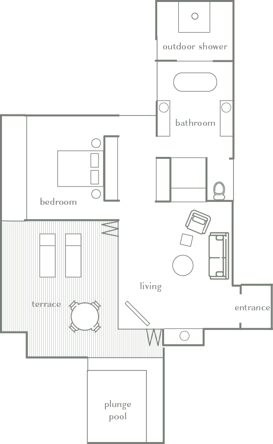 Floor plan drawing of qualia's Windward Pavilion Layout A accommodation in the Whitsundays