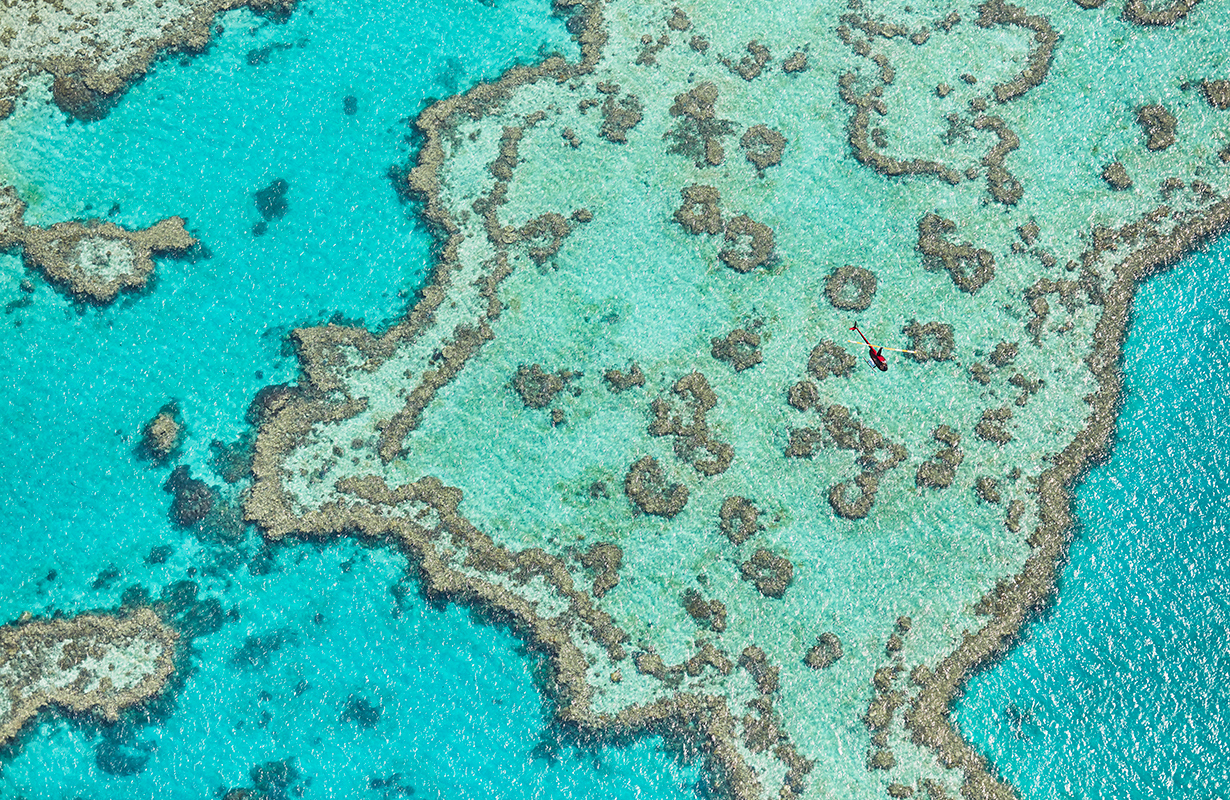 Aerial view of people enjoying waves breaking into the sand at Whitehaven Beach 