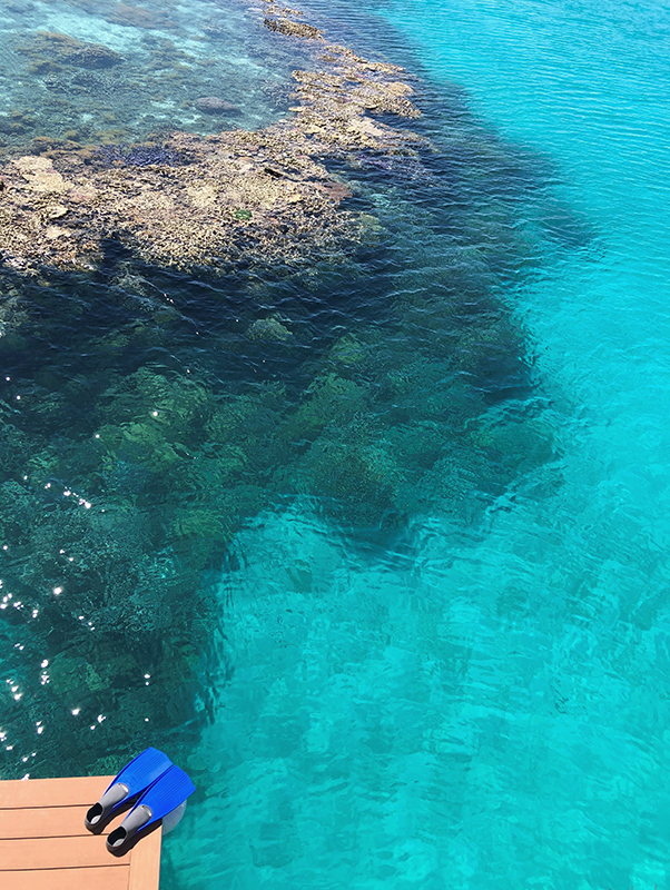 Aerial wide view of pontoon and jet ski during the qualia experience of Journey to the Heart 