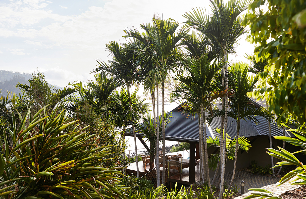 exterior view of qualia resort and surrounding trees from the calm waters of the Whitsundays 