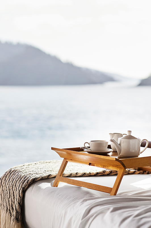 exterior view of qualia resort and surrounding trees from the calm waters of the Whitsundays 