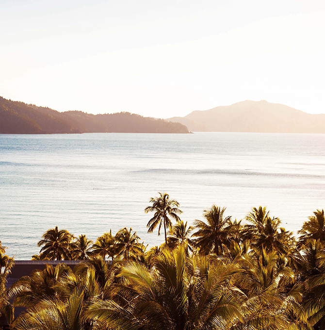 View of sun shining over palm trees and the calm waters of the Whitsundays at qualia resort 