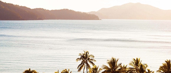 View of sun shining over palm trees and the calm waters of the Whitsundays at qualia resort 