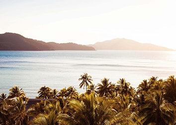View of sun shinning over palm trees and the calm waters of the Whitsundays at qualia resort 