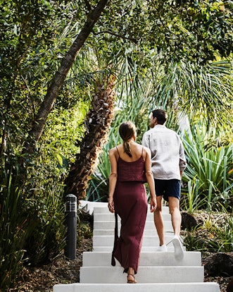 A couple walking up walkboard surrounded by bush as part of qualia bushwalking activity