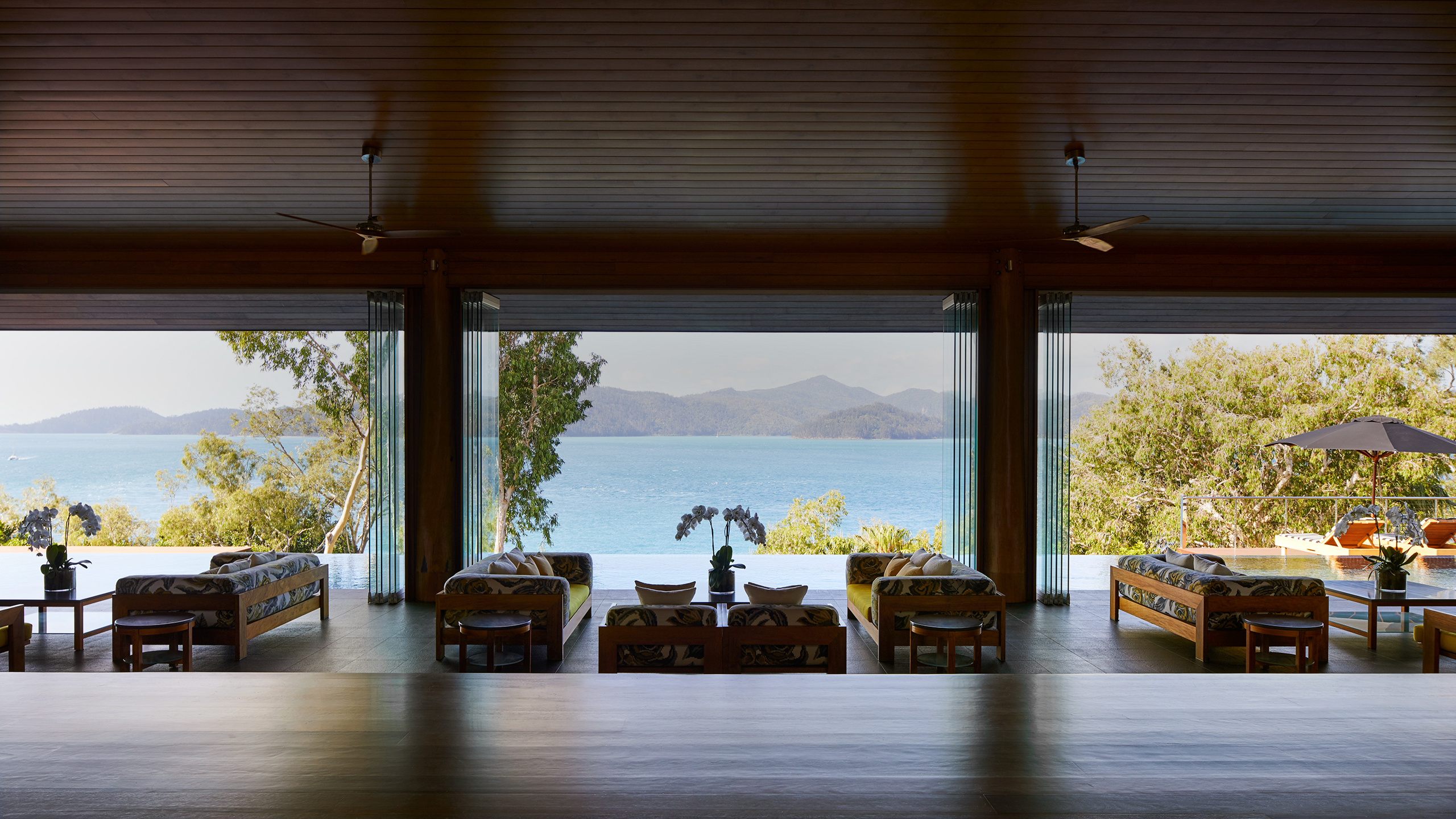 qualia Resort Entrance to Long Pavilion with Tables and Whitsundays Views