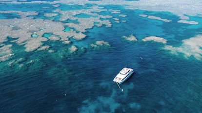 Aerial view of boat in Great Barrier Reef during qualia resort experience of diving and snorkelling