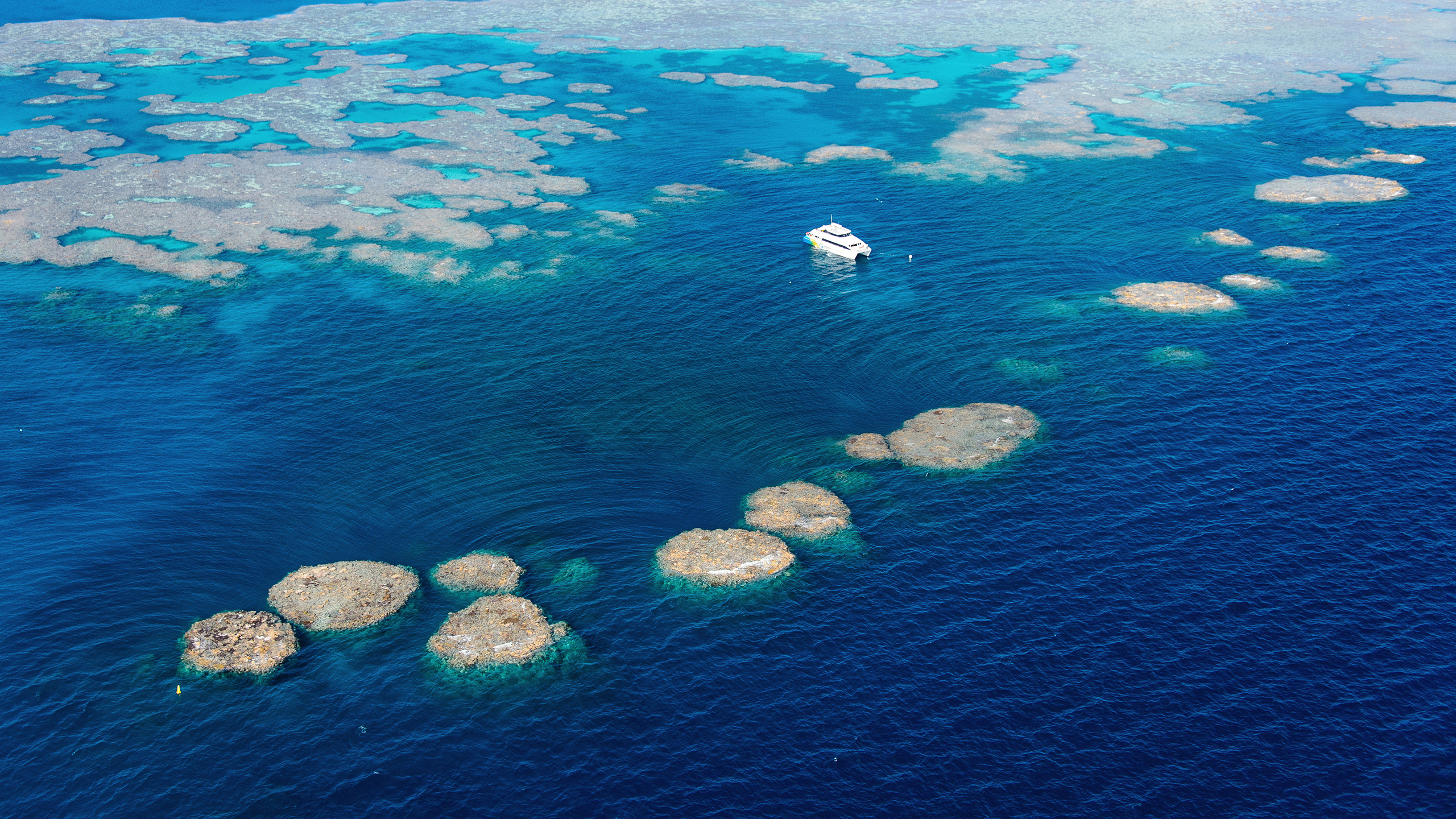 qualia aerial view of luxury boat used for diving and snorkelling amongst stepping stone formations in Great Barrier Reef