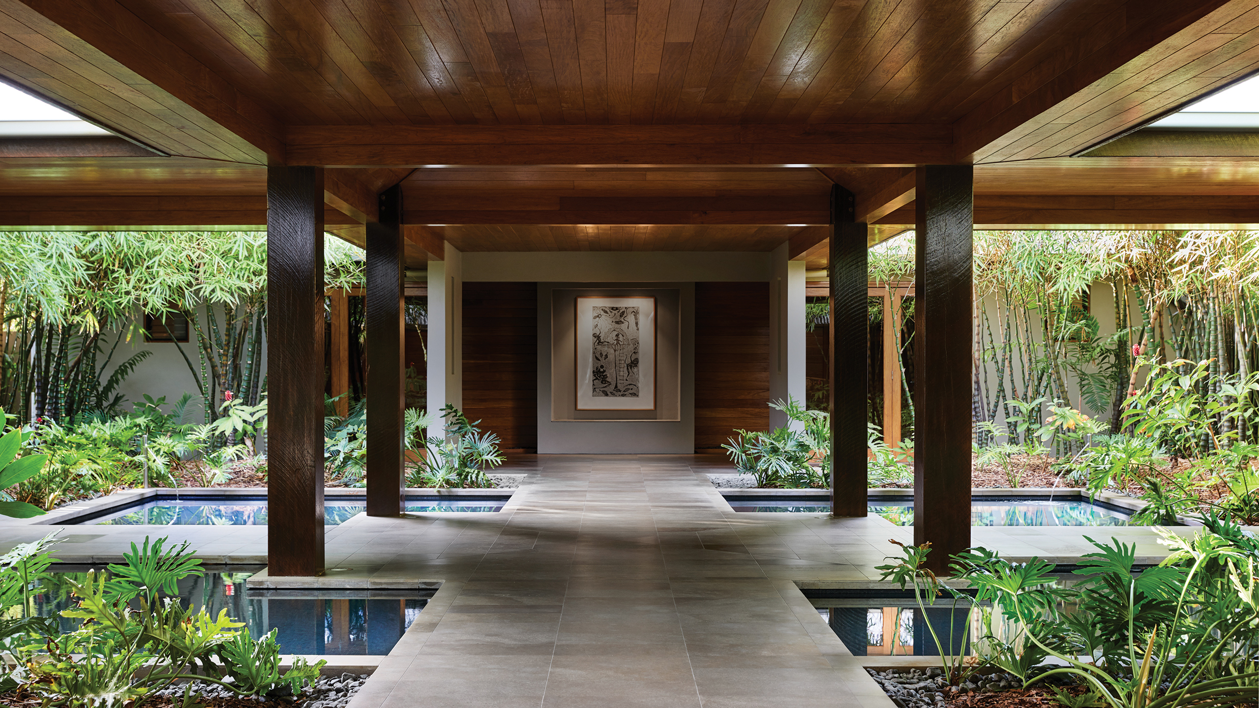 Spa qualia sheltered entrance with four pillars, garden and water features